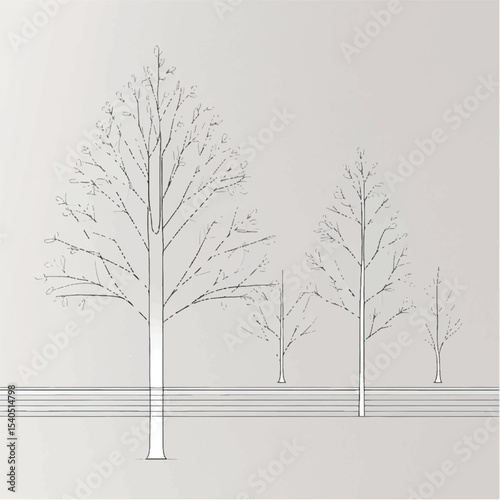 Single bare tree silhouette in a winter landscape with snow, a vector illustration of nature's cold season