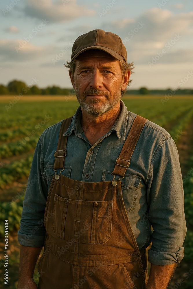 Fototapeta premium Portrait of a weathered farmer standing proudly in his vast, verdant field, under a serene sky, reflecting years of hard work, resilience, and connection to the land.