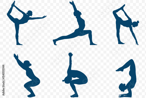 Silhouetted yoga poses showcasing flexibility, balance, wellness, stretching exercises for body, mind, and fitness  on transparent background . 