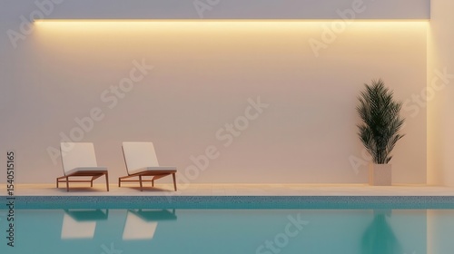 Hotel pool with geometric tiles  modern lounge chairs  and soft lighting  geometric chic pool  artistic  elegant