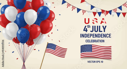 Patriotic Fourth of July Celebration Balloons, Flags, and Festive Decor