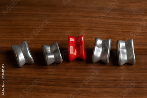 Vintage metal knucklebones game on a wooden table.