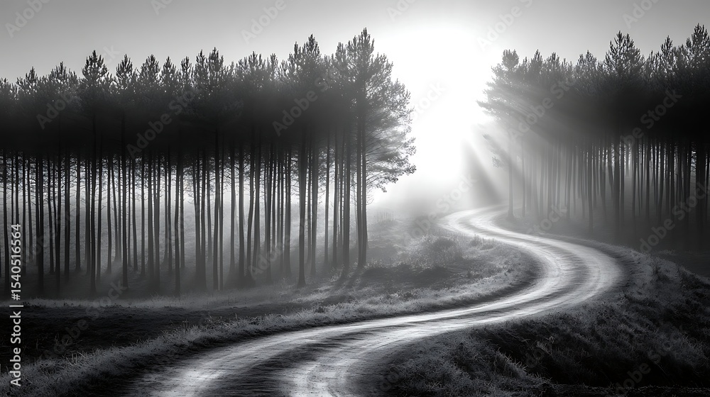 Fototapeta premium A contemplative black and white photograph of a winding forest path, softly illuminated by the diffused sunlight of the summer solstice The deep shadows and subtle textures create a sense of quiet