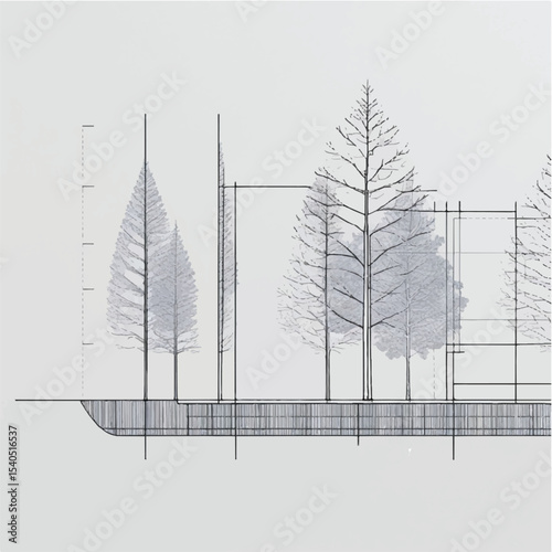 Architectural drawing of a house with a vector tree design, ideal for home building and interior project illustrations