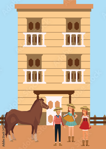Vector illustration of three couples trying to cheer up horses and singing in front of them to make them calm and peaceful.