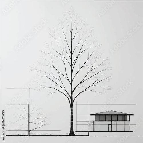 Architectural drawing of a house with a vector tree design, ideal for home building and interior project illustrations