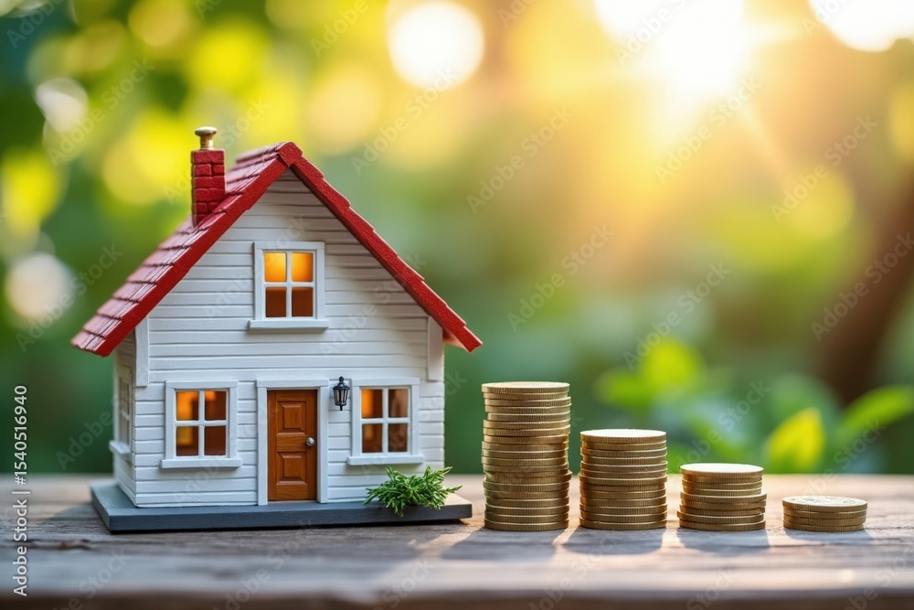 custom made wallpaper toronto digitalMiniature White House Red Roof Gold Coins Savings Investment Home Purchase Concept Wooden Surface Green