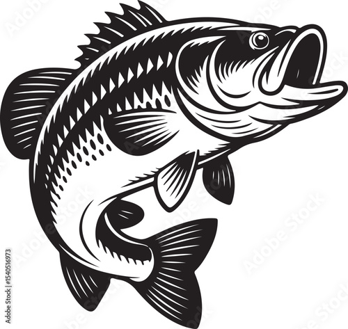 Bass Fish Silhouette with Jump, a Thrilling Fishing Art Design, Perfect for Lake Decor and Sport Fishing Illustration