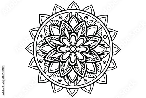 Intricate black and white mandala design with floral elements and radial symmetry