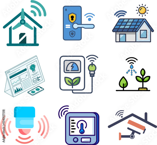 Smart Home Technology Icons Set: Wireless Security System, Energy Monitoring, and Automation Devices