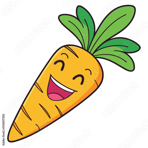 Cheerful cartoon carrot with a happy face and lush green leaves