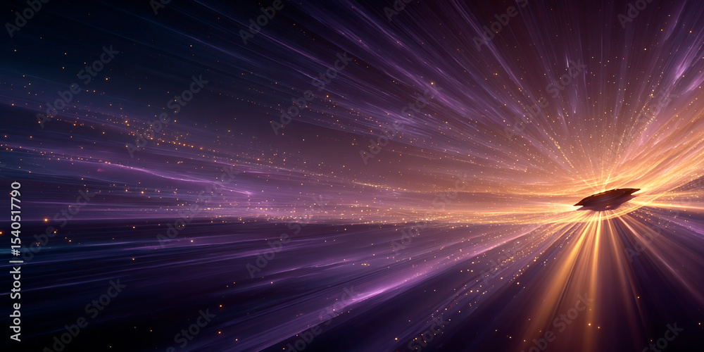 Fototapeta premium Futuristic spaceship enters a glowing wormhole surrounded by radiant beams and cosmic particles in deep space