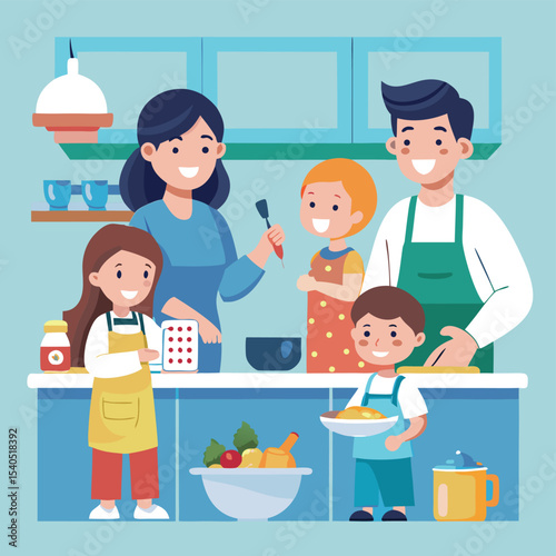 Cartoon Happy Family Cooking Together in Kitchen Illustration Design Asset