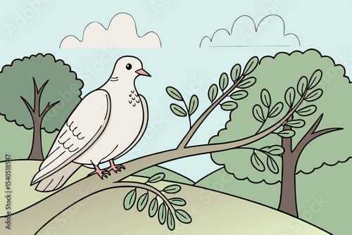  White Pigeon on Tree Branch: Peaceful Bird in Nature