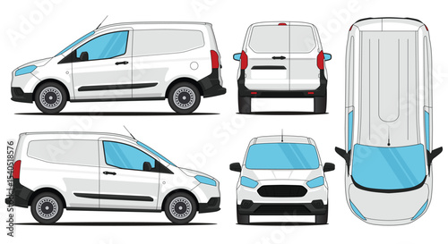 Car vector van transit courier - Van mockup car vector for branding on isolated white background. Side, Front, Rear, Top Views	
