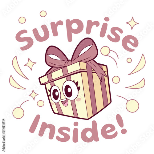 A gift box with a big ribbon and a cheerful expression, surrounded by graphic elements like circles and stars. It conveys excitement and happiness in opening a gift