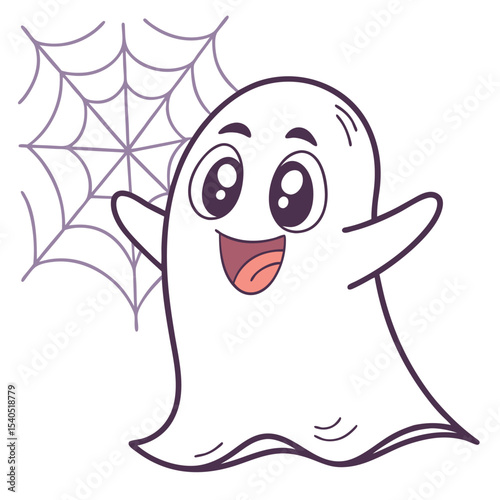 Happy cartoon ghost stands next to a spiderweb with transparent background
