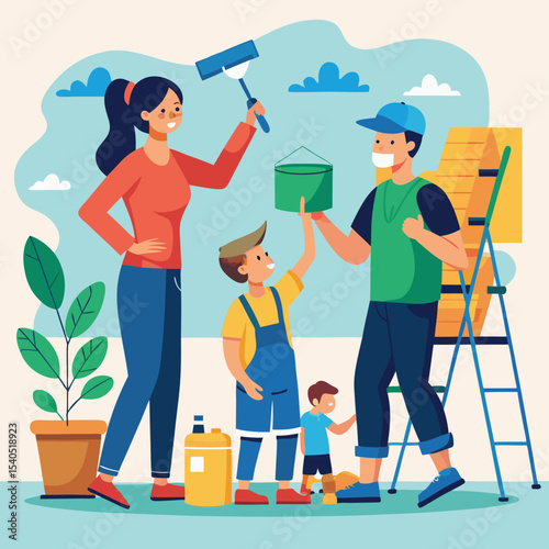 Colorful Flat Illustration of Happy Family Painting House Together with Love