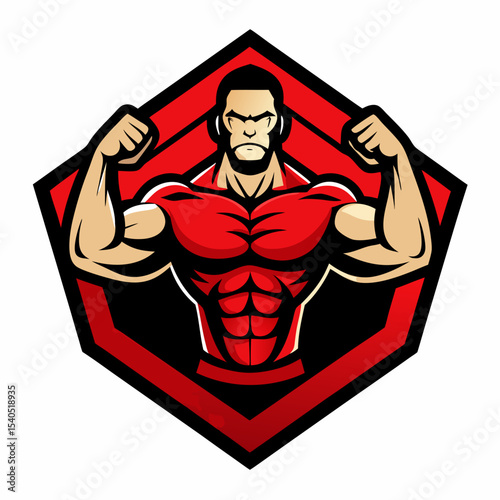 Strong bodybuilder posing in red and black emblem