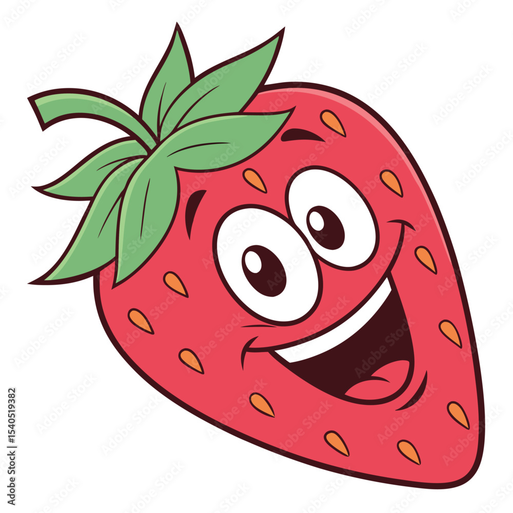 Obraz premium Joyful strawberry cartoon character smiles brightly with green leaves against a white backdrop