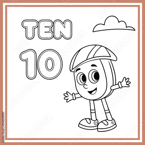 Outlined cartoon character presents number ten with a cheerful disposition