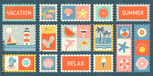 Colorful Summer Vacation Stamps Collection with Beach Elements Palm Trees Seashells Lighthouse Watermelon Ice Cream Sun Lifebuoy Sailboat and Relaxing Holiday