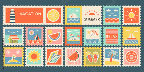 Collection of Summer Vacation Themed Postage Stamp Illustrations Featuring Beach Scenes Watermelon Lighthouse Palm Trees and Other Summer Holiday Elements