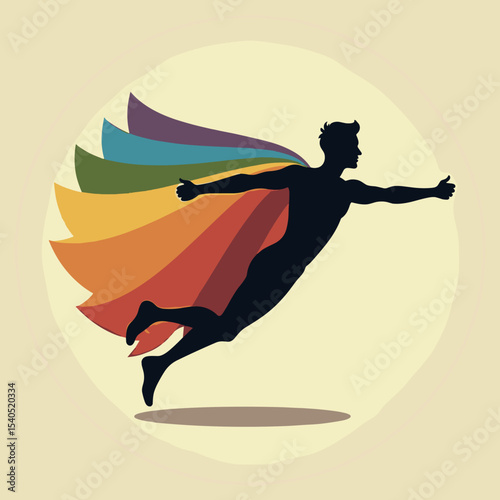 Silhouette of man flying with colorful cape in circular background  