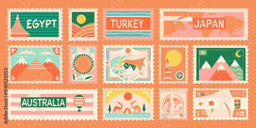 Collection of Illustrated Postage Stamps Featuring Landmarks and Landscapes from Countries Around the World on a Peach Background