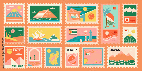 Collection of Colorful Travel Stamps Featuring Landmarks and Cultural Icons from Various Countries Around the World in a Flat Design