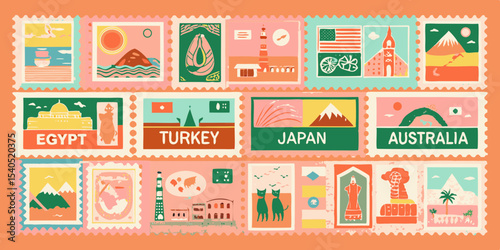 Collection of Illustrated Postage Stamps Featuring Landmarks and Symbols from Various Countries Around the World Travel Destinations and Souvenirs