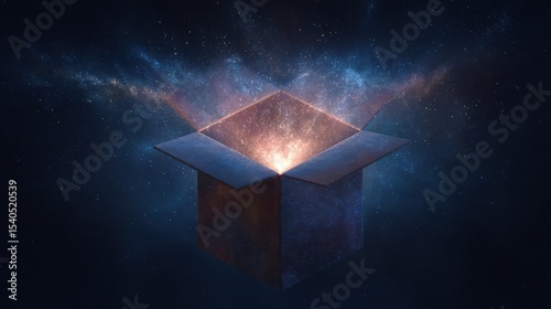 Glowing Cosmic Box Opening in Space with Vibrant Colors and Starry Background