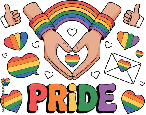 rainbow pride heart hands illustration with love symbols