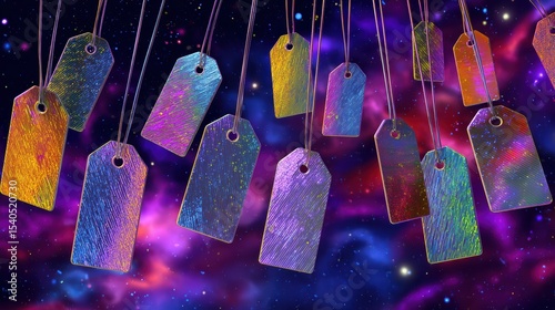 Colorful Holographic Price Tags Floating in a Cosmic Background of Stars and Nebulae