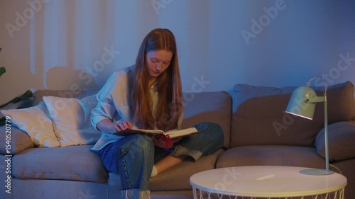 Young Woman Comfortably Sitting on Sofa, Quietly Reading the Holy Bible in Soft Evening Light. Peaceful and Calm Atmosphere for Scripture Study, Spiritual Reflection, Faith, and Personal Devotion.