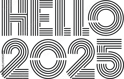Striped Line Art Design Hello 2025 New Year's Greeting