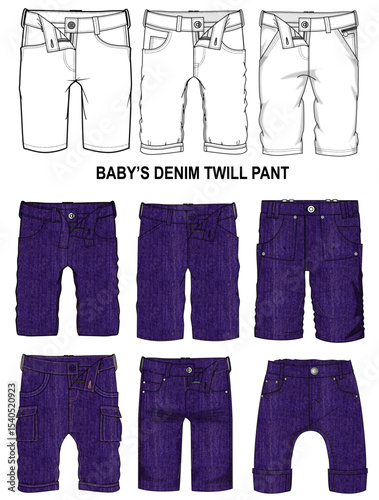 Baby Denim Twill Pants Technical Fashion Flat Sketch Set