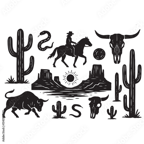 Linocut western boho set vector, Texas desert engraving print collection, vector canyon wildlife, cactus. 
Texture grunge Arizona rodeo graphics, bull, horse, snake, skull silhouette