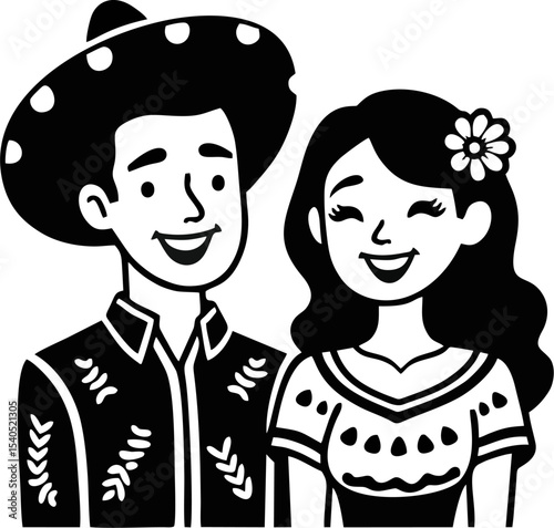 Happy Mexican Couple in Traditional Clothing – Black and White Vector Illustration