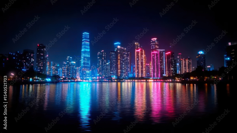 Fototapeta premium vibrant city skyline illuminated with colorful lights reflecting on water