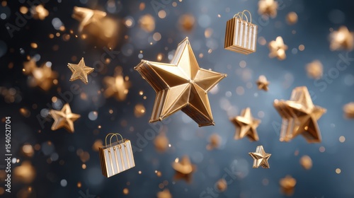 3D Holographic Stars and Shopping Bags Orbiting in a Digital Space Environment for Customer Reviews