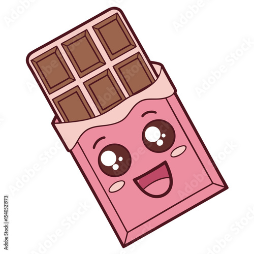 Smiling chocolate bar character stands unwrapped, appearing happy against transparent backdrop