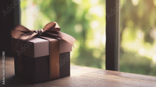 Neatly presented two-tone gift box with elegant brown ribbon bow on wooden surface, warm lighting, soft blurred window view of lush green foliage, serene natural outdoor setting.