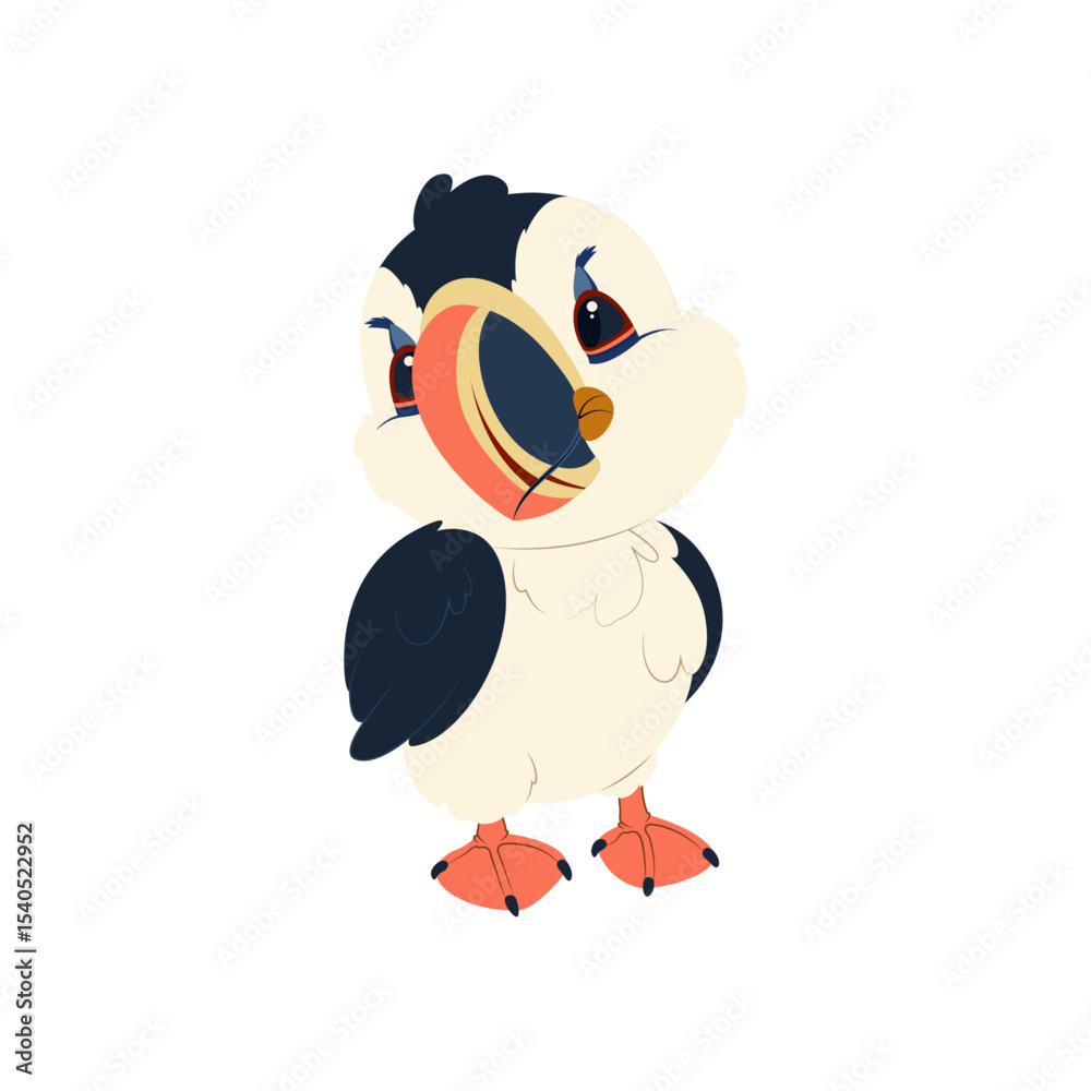 Obraz premium Colorful puffin bird illustration. Arctic seabird with bright beak and feet, ideal for children’s books, wildlife education, and marine-themed graphics.