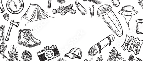 Summer travel activity frame with equipment in black brush stroke texture isolated on white. Hand drawn vector sketch illustration in vintage charcoal ink. Camping, hiking activity, invitation design.