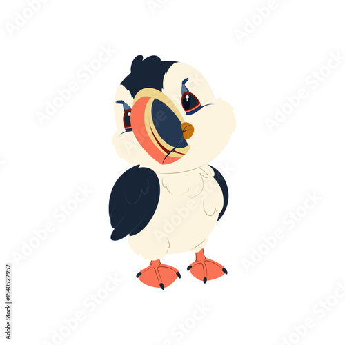 Colorful puffin bird illustration. Arctic seabird with bright beak and feet, ideal for children’s books, wildlife education, and marine-themed graphics.