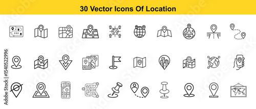30 Location Icons,  Linear icon collection, GPS, Map, Pin, Route & Navigation Vector Set