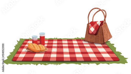 A digital illustration depicting a red and white checkered picnic blanket spread on a patch of green grass. On the blanket are two glasses or small bottles (likely containing juice or another