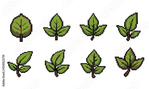 Pixel Art Leaves Collection, A set of eight pixel art illustrations showcasing a variety of leaf shapes and colors, perfect for nature-themed digital designs or retro games.