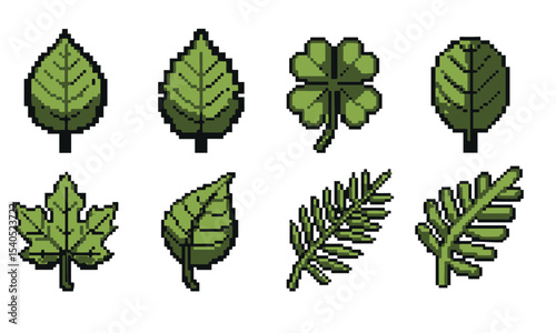 Pixel Art Leaves Collection, A set of eight pixel art illustrations showcasing a variety of leaf shapes and colors, perfect for nature-themed digital designs or retro games.